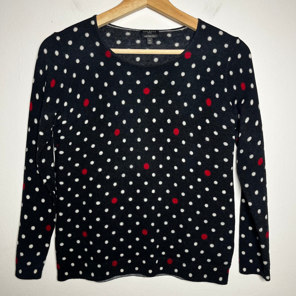 Talbots Merino Wool‎ Polka Dot Crew Neck Sweater Gray White Red size MP